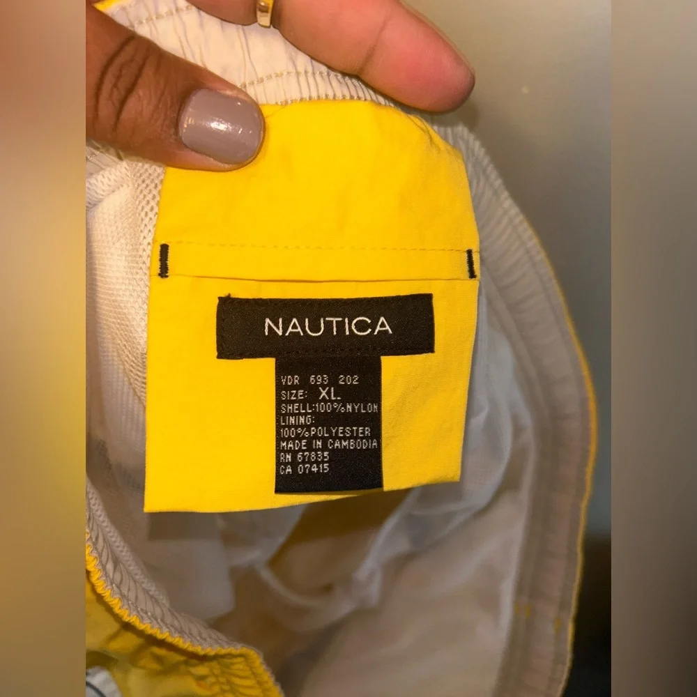 Vintage Nautica Swim Trunks - yellow/navy/white flag spell out lined
